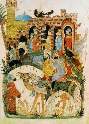 Miniature d’al-Wasiti : Abou Zayd et al-Harith interrogeant des villageois
